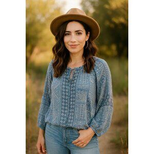 Figueroa Flower Anthropologie XL Paisley Tunic Semi Sheer Blue Boho Peasant Top